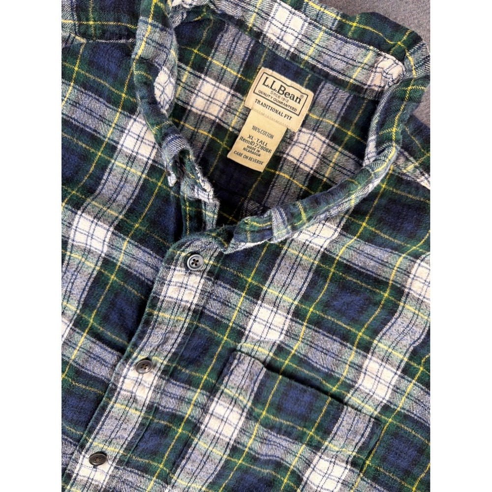 LL Bean Flannel Mens‎ XL Tall Shirt Green Blue Plaid Traditional Fit Heavy L/S